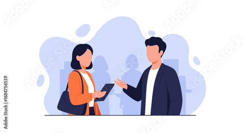 Two professionals discussing business with a tablet, representing collaboration, networking, and digital communication in a corporate environment.
