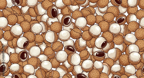 A close-up, overhead view of a large pile of fresh lychee fruits, some peeled to reveal their white flesh and dark seeds.