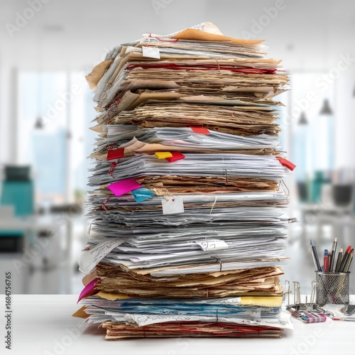 High Stack Of Papers On Desk In Modern Office
