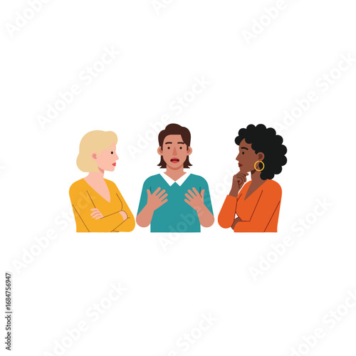 Three diverse people engaged in a conversation, expressing different reactions.