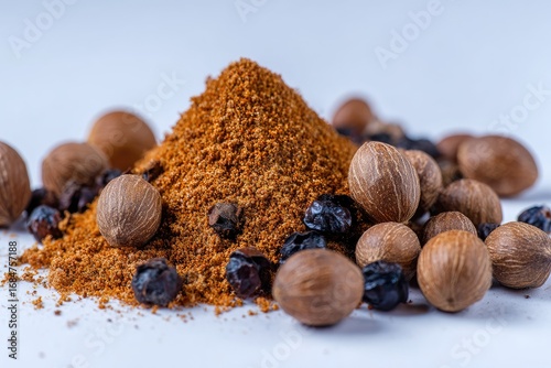 Pile Of Ground Spices And Whole Spices On White Background