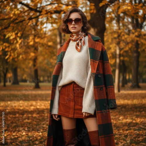 A fashionable woman poses in a vibrant autumn park, dressed in a stylish plaid coat, sweater, and skirt, exuding elegance amidst falling leaves.
