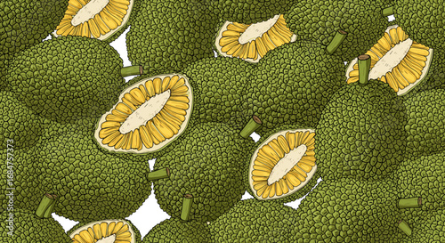 An overhead view of numerous green, spiky breadfruit, some whole and others cut open to reveal their yellow, fibrous interior.