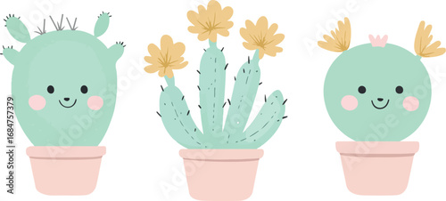 Three adorable cartoon potted cacti with happy faces and yellow flowers on a white background