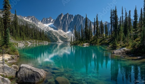 Panoramic view of turquoise alpine lake in British Columbia Canada reflecting majestic peaks, lush greenery and clear blue sky, scenic nature travel destination and breathtaking landscape