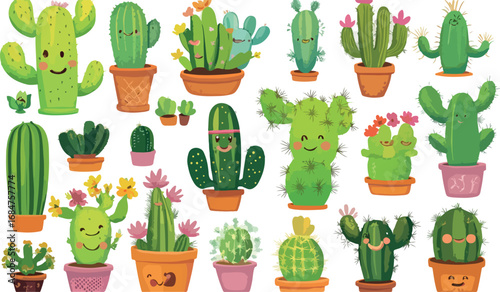 Collection of various cartoon cacti and succulents with smiling faces in pots on white background