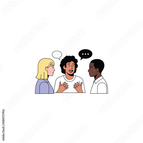A diverse group of three young adults engaged in a conversation, with speech bubbles illustrating their dialogue.