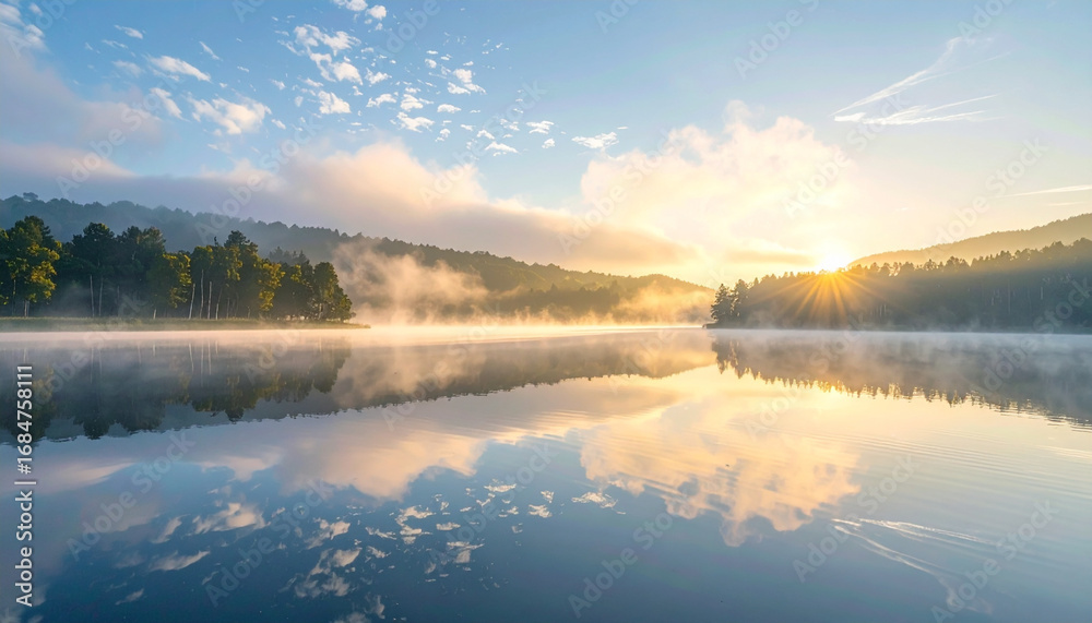 Obraz premium A tranquil lake with glassy reflections, touched by delicate silver fog drifting across the surface, radiating quiet elegance