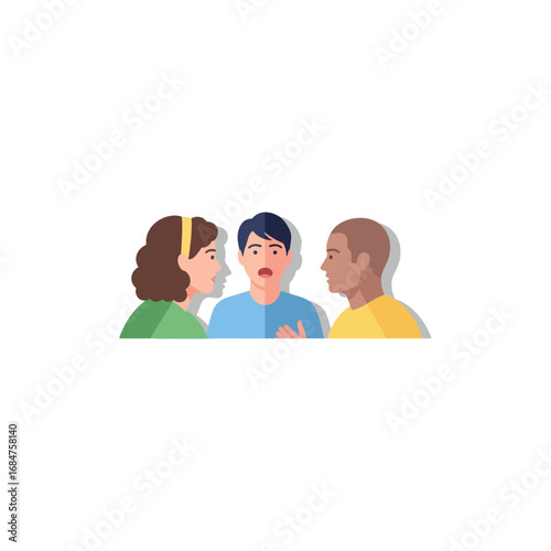 Three diverse individuals engaged in a conversation, with one person expressing surprise or concern while others listen intently.