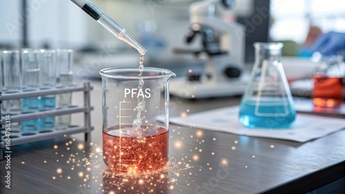 Laboratory setup with beakers and pipette for chemical analysis. forever chemicals concept
