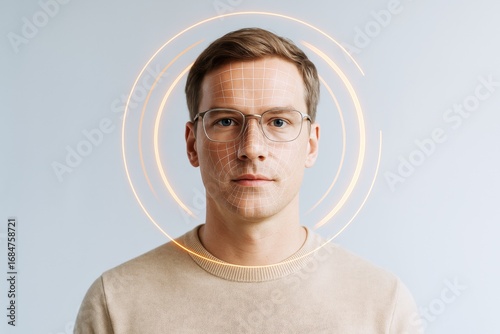 Futuristic facial recognition concept showing a young man with biometric grid and glowing circular elements on soft light background. Ai generative.