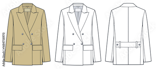 Double Breasted Blazer with Back Belt technical fashion illustration. Jacket Coat fashion flat technical drawing template, front and back view, white, beige, women, men, unisex Outerwear CAD mockup..
