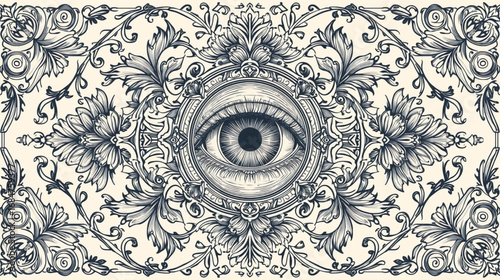 "Vintage Esoteric Eye Emblem with Ornate Floral Frame Detailed Line Drawing"