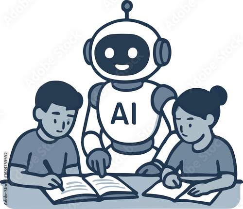 Robot assistant helping students with homework Illustration