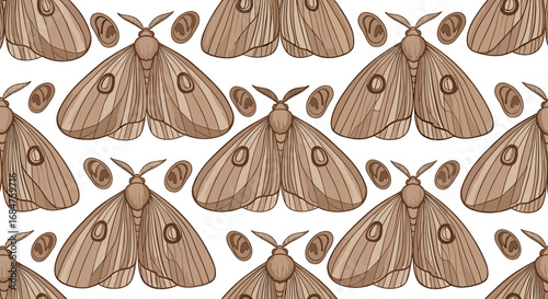 A seamless repeating pattern of hand-drawn brown moths and cocoons in a stylized, decorative design on a white background.