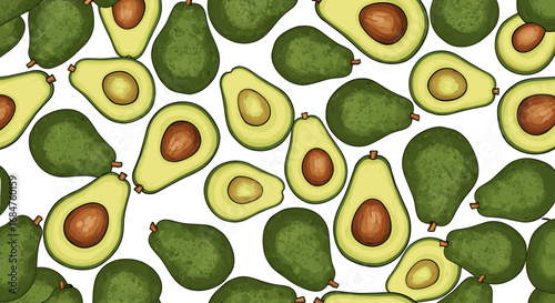Seamless pattern of fresh green avocados, whole and halved, on a white background.