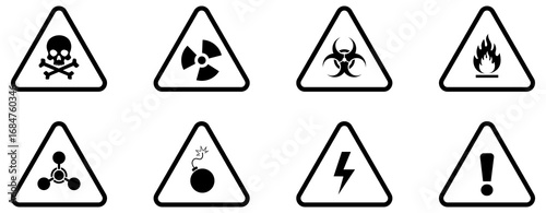 Danger vector signs. Toxic sign, radiation, biohazard, flammable, chemical, high voltage, exclamation, explosive icons set. Industrial safety symbols for dangerous materials. Vector illustration