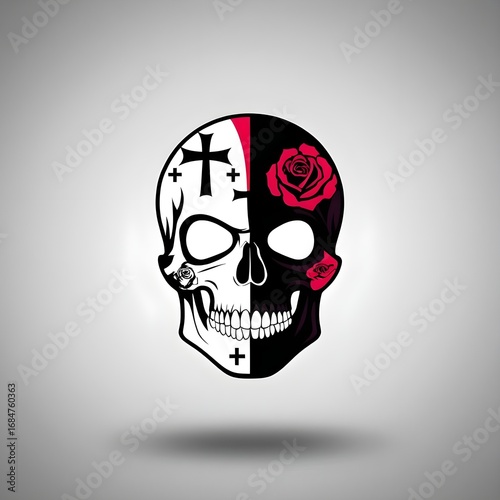A gothic-inspired skull logo featuring dark makeup elements such as crosses and roses, highlighted with bold contrasts, sharp detailing, and a dramatic visual identity.