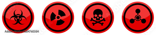 Nuclear radiation, chemical biological, toxic sign, biohazard icon set in red and black color. Biohazard radiation and poison skull badges. Warning sign on white background. Vector illustration