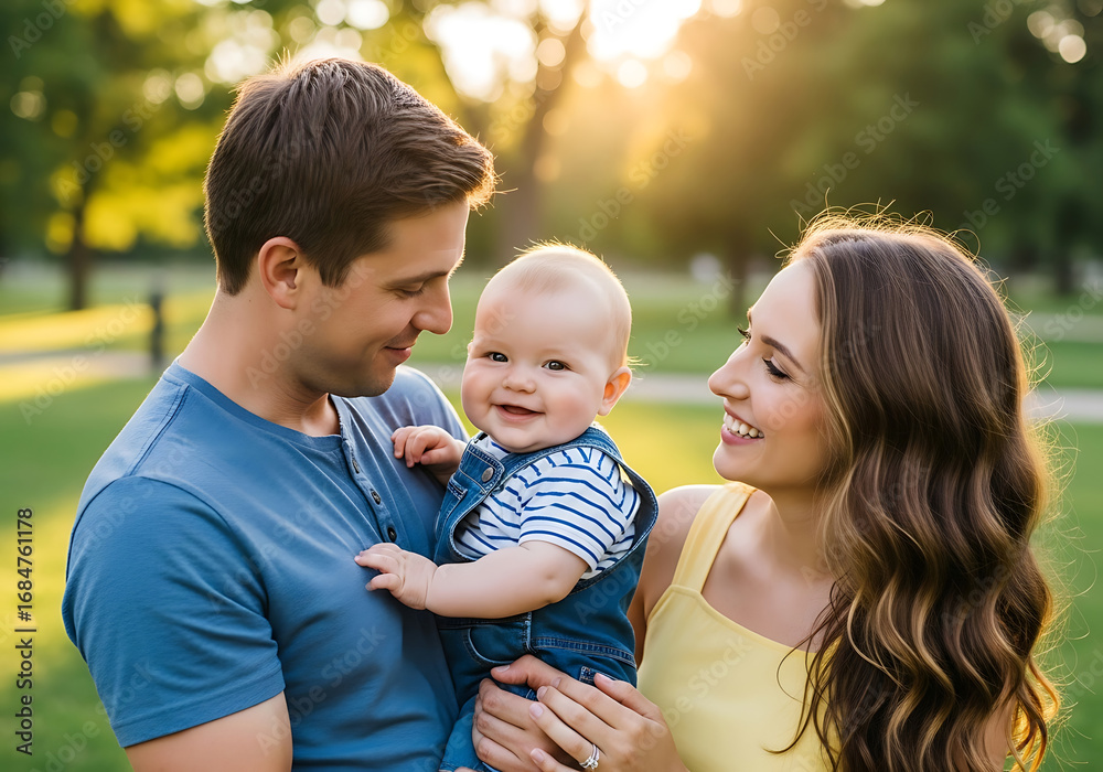 Fototapeta premium A happy young family enjoys a sunny evening in the park, the baby smiles brightly as the parents look on with love and affection in their eyes