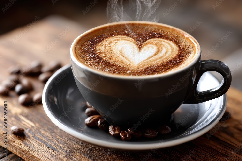 Fototapeta premium Steaming Hot Coffee with Heart Latte Art in Gray Cup