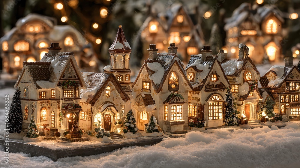 Fototapeta premium Winter snowy village with decorated houses and lanterns