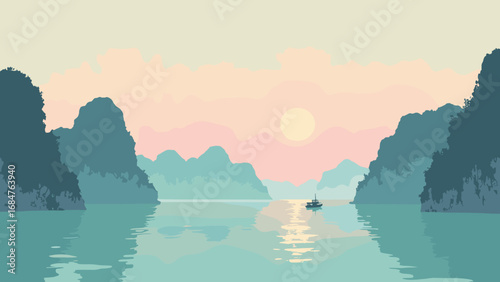 Halong Bay karsts, Vietnam – limestone pillars rising from misty emerald sea at dawn, palette: seafoam, limestone gray, jade, dawn pink