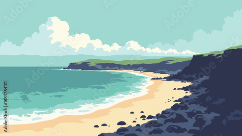 Galápagos volcanic isles, Ecuador – dramatic lava shores and unique shorelines, palette: basalt black, surf teal, iguana green, sand beige