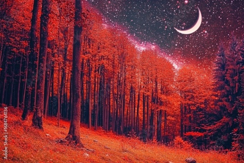 Enchanting night forest landscape with starry sky, crescent moon, autumn infrared photography. Elements