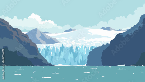 Glacier Bay fjords, Alaska – towering blue ice walls calving into seawater, palette: glacier blue, iceberg white, fjord teal, granite gray