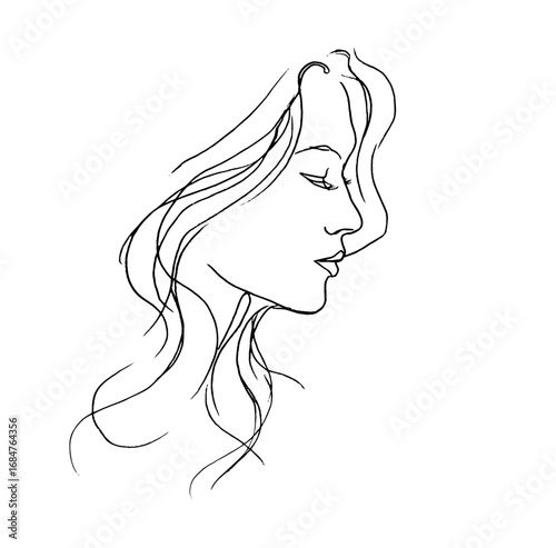 Minimalist Female Profile Line Art, Elegant Black and White Woman Portrait Illustration