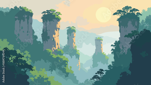 Zhangjiajie pillar forest, China – vertical sandstone pillars rising through mist, palette: moss green, pillar ochre, mist white, dusk gray