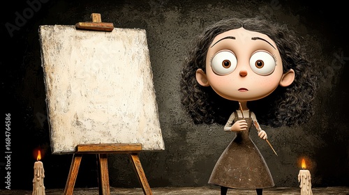 Young Girl Artist Before Blank Canvas in Dark Studio