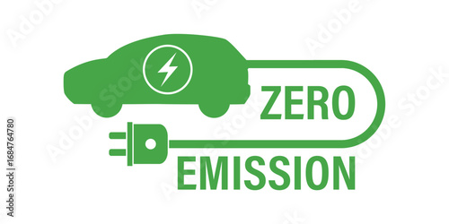Zero emission icon. Electric car logo. Green car with plug and text. Environment protection technology. Charging station sticker. No fuel, alternative eco auto. Renewable energy.
