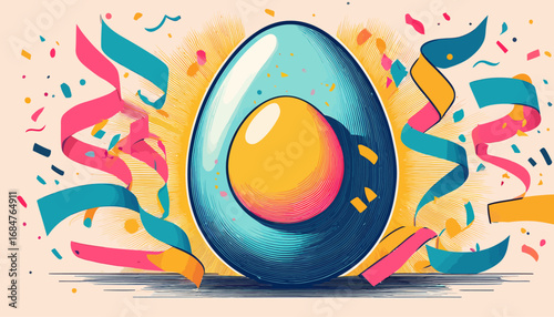 Joyful celebration concept featuring a vibrant blue egg with a golden yolk and festive confetti