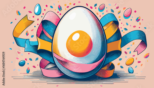 Easter Egg Illustration with Colorful Ribbons and Confetti on a Pastel Background