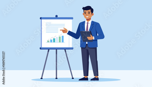 Professional businessman delivering a compelling presentation on corporate growth strategy using a chart and data analysis
