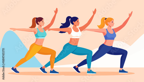 Three women performing a synchronized yoga lunge pose together, demonstrating fitness, wellness, and a healthy lifestyle through group exercise