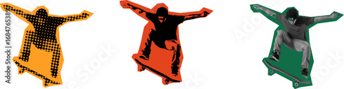 Three stylized figures performing skateboarding tricks, arms outstretched, in vibrant colors. Halftone effect vector style.
