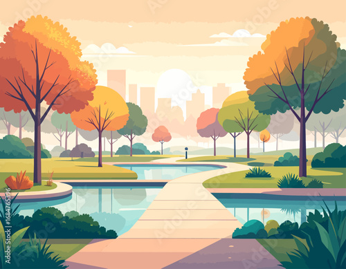 Serene Autumn Park Scene A Pathway Leading to City in the Golden Hour Sunlight
