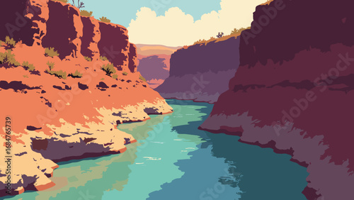 Karijini gorges, Australia – red ochre cliffs and emerald waterholes, palette: ochre red, pool emerald, rust, shadow brown