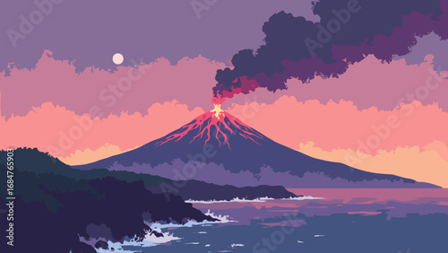 Suwanose-jima volcanic plume, Japan – smoking cone and coastal cliffs at dusk, palette: ember red, ash gray, cliff brown, twilight purple