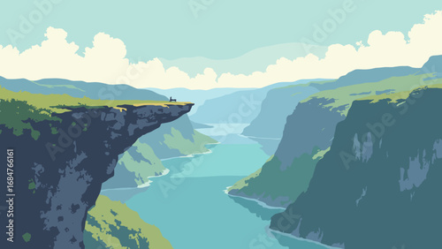 Trolltunga cliff, Norway – dramatic rock shelf over deep fjord, palette: stone gray, fjord teal, lichen green, cloud silver