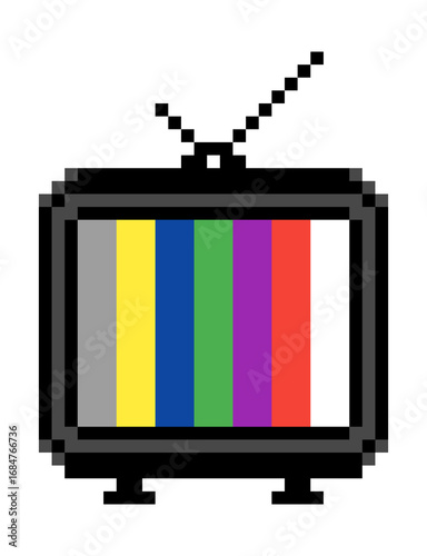 Isolated pixel art: a retro vintage old analog tv with external antenna, showing a simple colorful test pattern of vertical stripes.