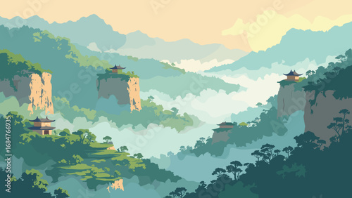 Wulingyuan sandstone ravines, China – mist-draped valleys and tea terraces, palette: jade, sandstone, mist white, tea brown