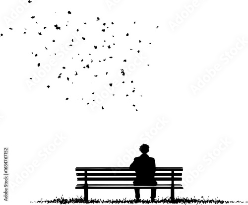 Silhouette of man sitting on bench in autumn, falling leaves, minimalist line art for seasonal decor and design concept