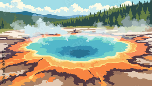 Grand Prismatic Spring, Yellowstone – concentric microbial colors in steaming hot spring, palette: azure, citrus orange, sulfur yellow, cyan
