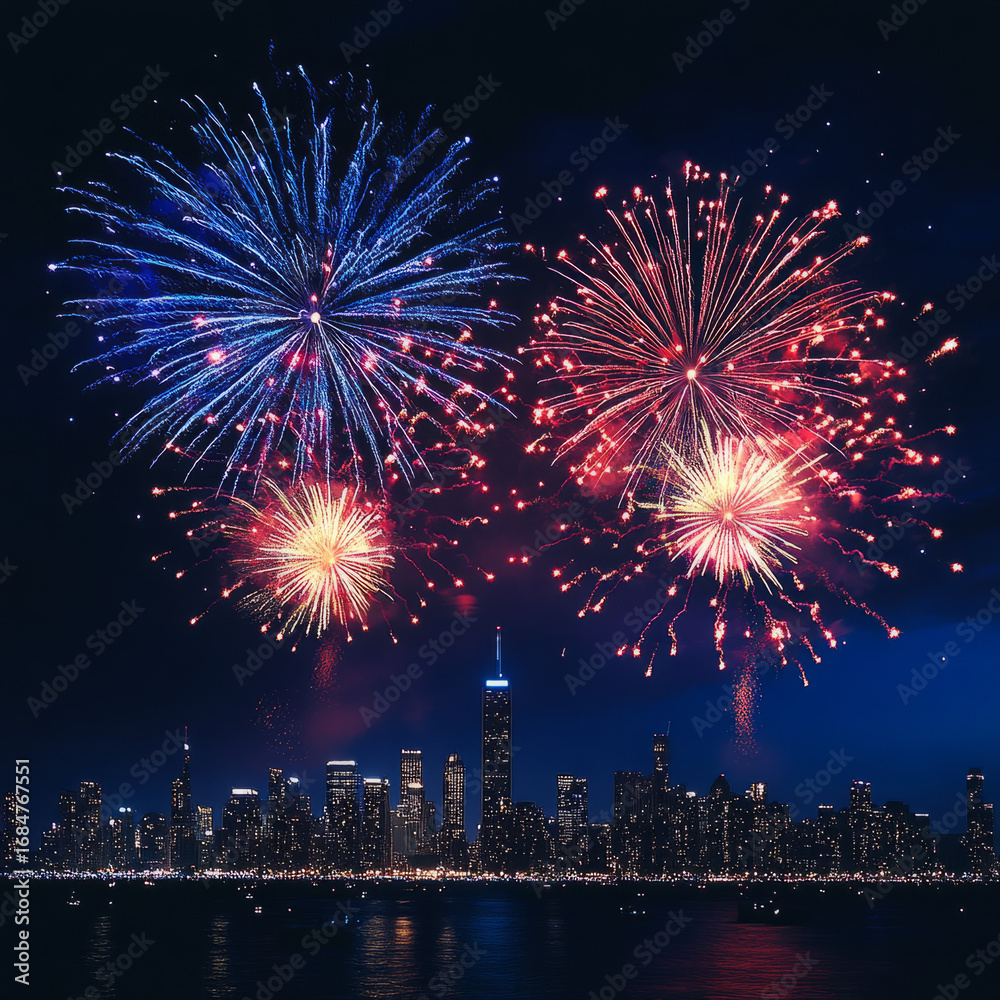 Fototapeta premium Fireworks display over a city skyline at night with blue and red bursts in the dark sky above water