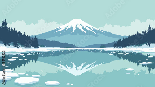 Mount Fuji ice-bound lakes in winter, Japan – stark summit reflected in glassy iced water, palette: snow white, indigo, lacquer black, pine green