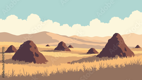 Chocolate Hills, Philippines – hundreds of conical karst mounds in grassy terrain, palette: dry grass brown, hill taupe, sky blue, mist